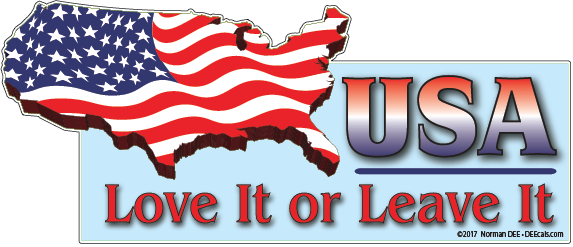 A DEEcal featuring a 3D land-mass of America filled with an American flag besides the text 'USA - Love It or Leave It'.
