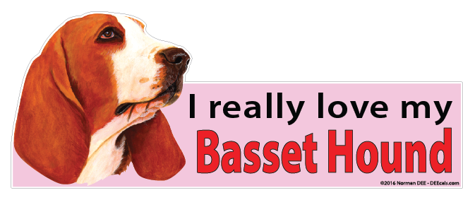 A Golden Retriever DEEcal that reads 'I really love my Basset Hound'